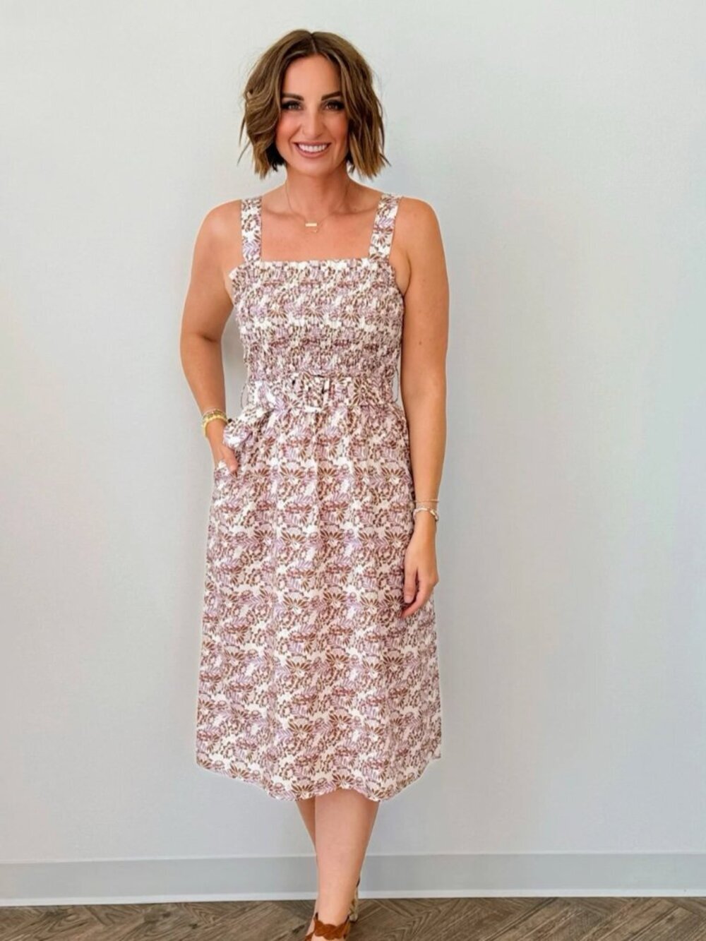 Strait Laced Odense Floral Smocked Pullover Cotton Midi Dress Belt Pockets Small
